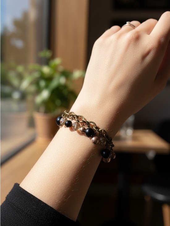 Jewelry - 3/5 Elegant Black and Brown Bead Charm Bracelet - Women's Jewelry